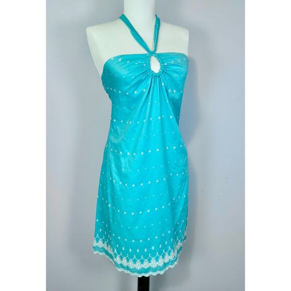 Vintage Tocca Mini Dress sz 2 Blue Embroidered Tie Neck - Picture 2 of 14